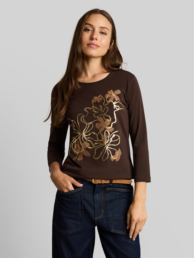 Slim Fit Langarmshirt mit Blumen-Print von Women, java dark brown