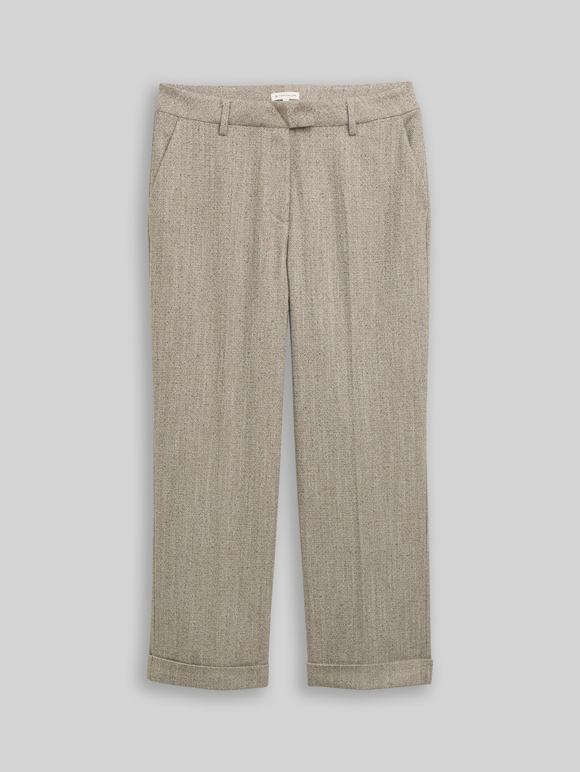 Cropped Straight Hose mit Fischgrätmuster - gravel beige herringbone - Vorder-Produkt-Ansicht