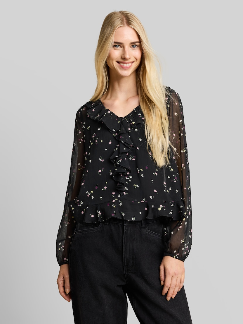 Chiffonblouse met ruches door Denim Female, black flower print
