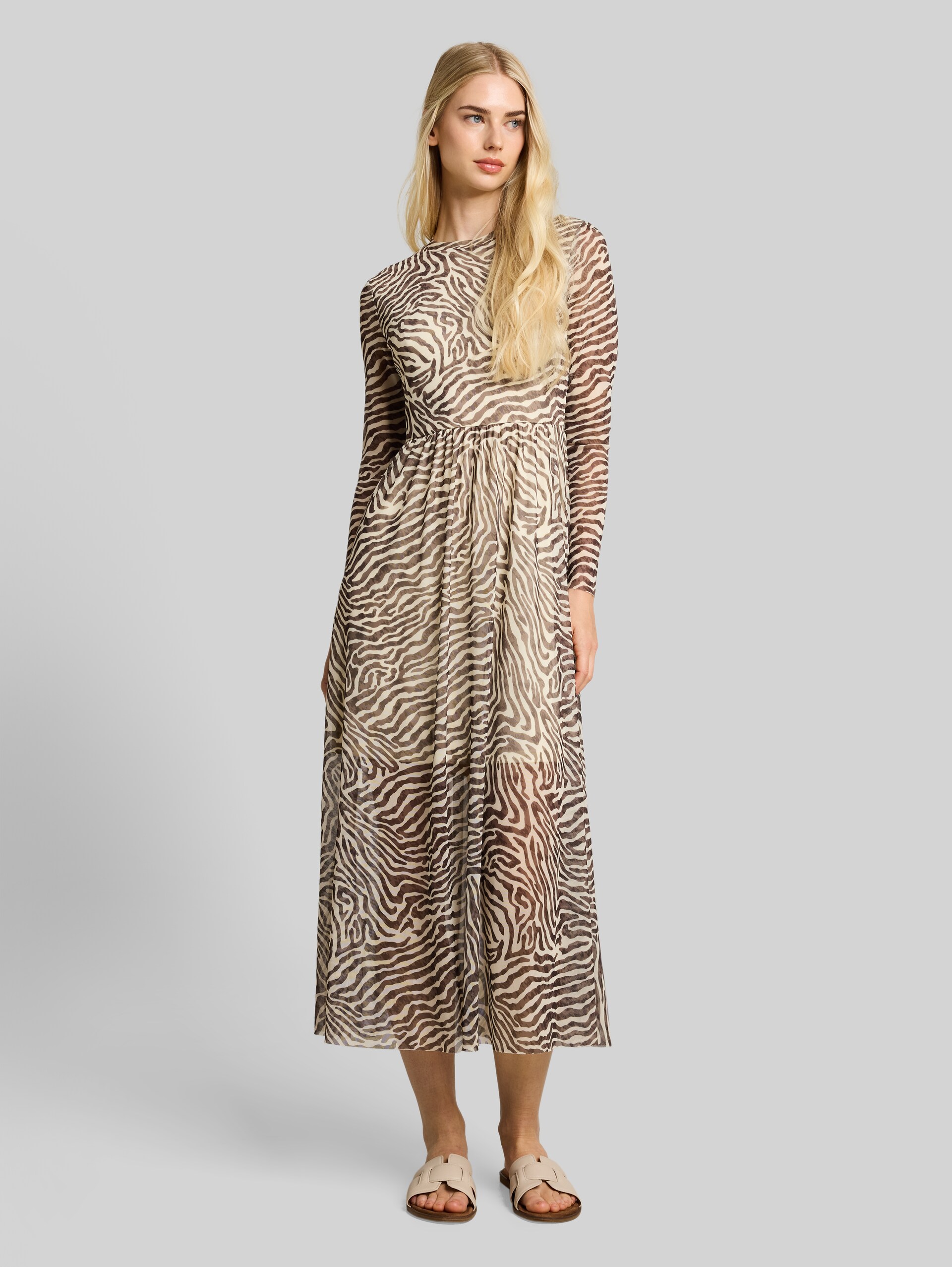 Fitted mesh midi dress with animal print - brown beige zebra print - Model front view