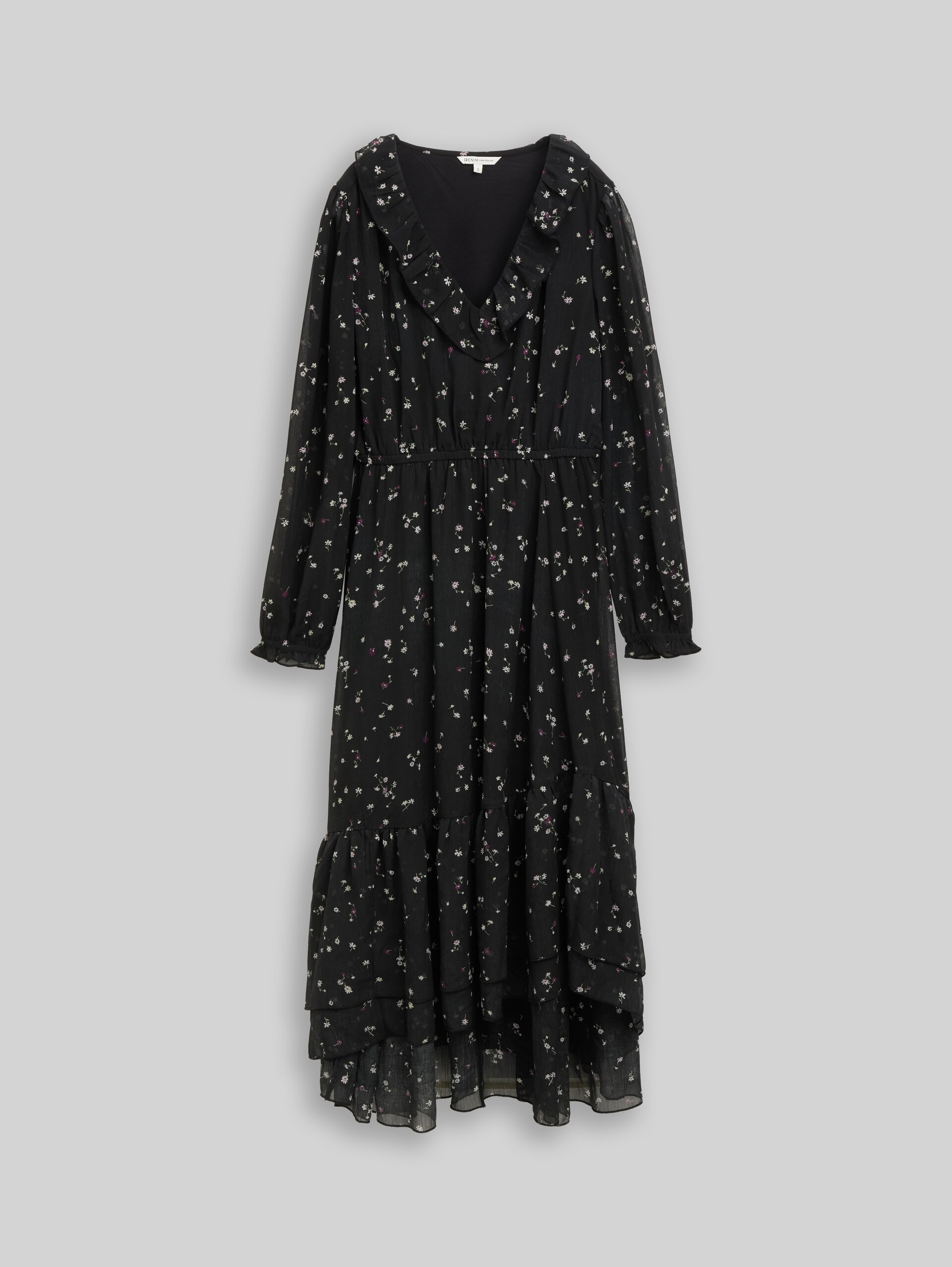 Maxijurk met volants - black flower print - Product vooraanzicht