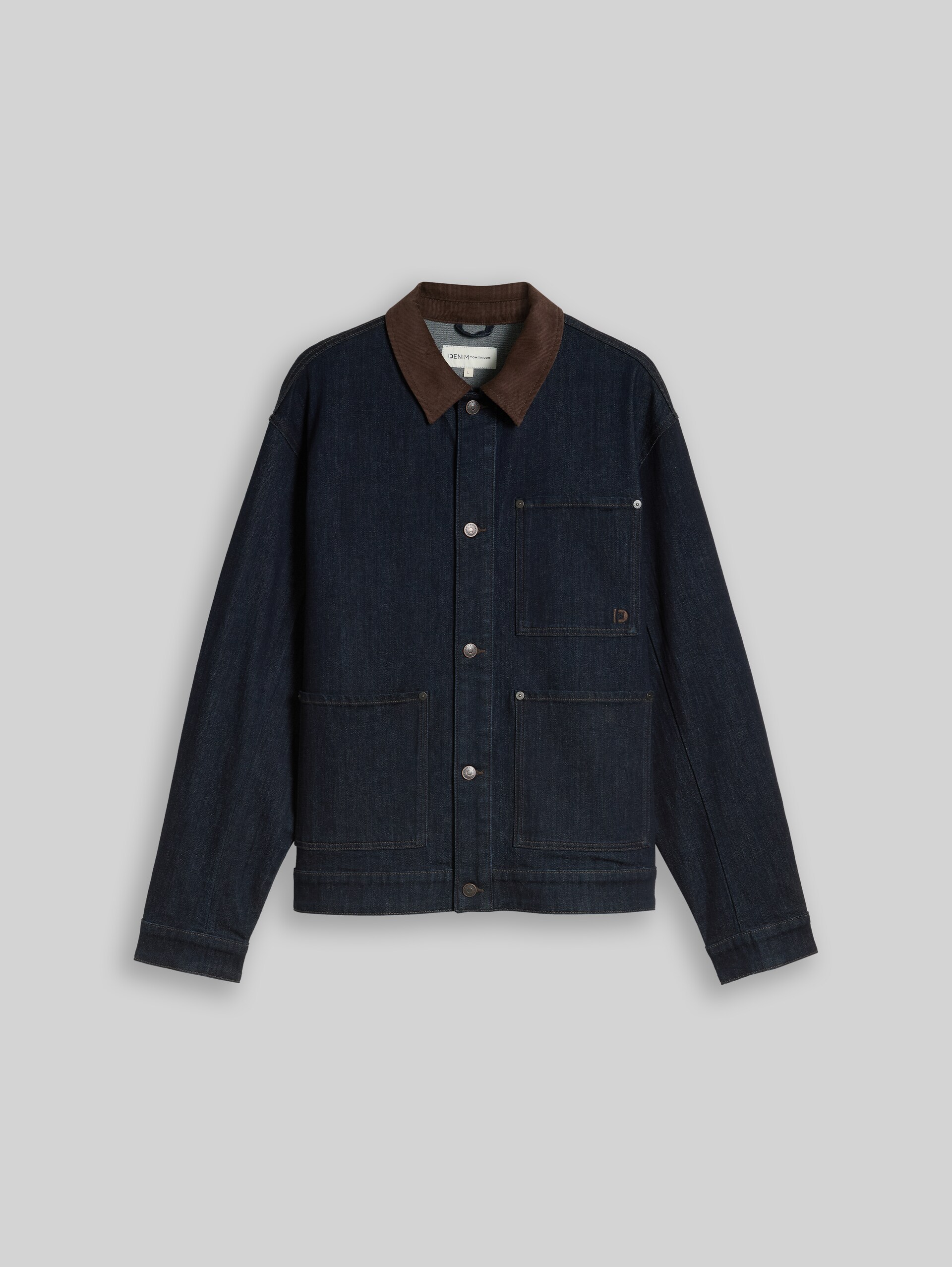 Jeansjas met relaxte pasvorm en corduroy kraag - Rinsed Blue Denim - Product vooraanzicht