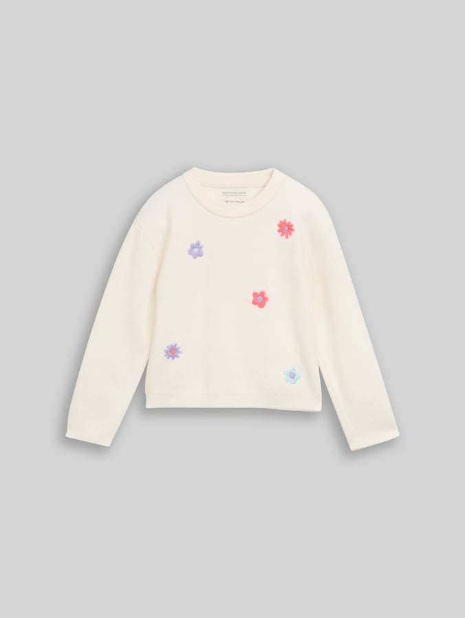 Knitted jumper with floral embroidery by Mini Girls, Gardenia White