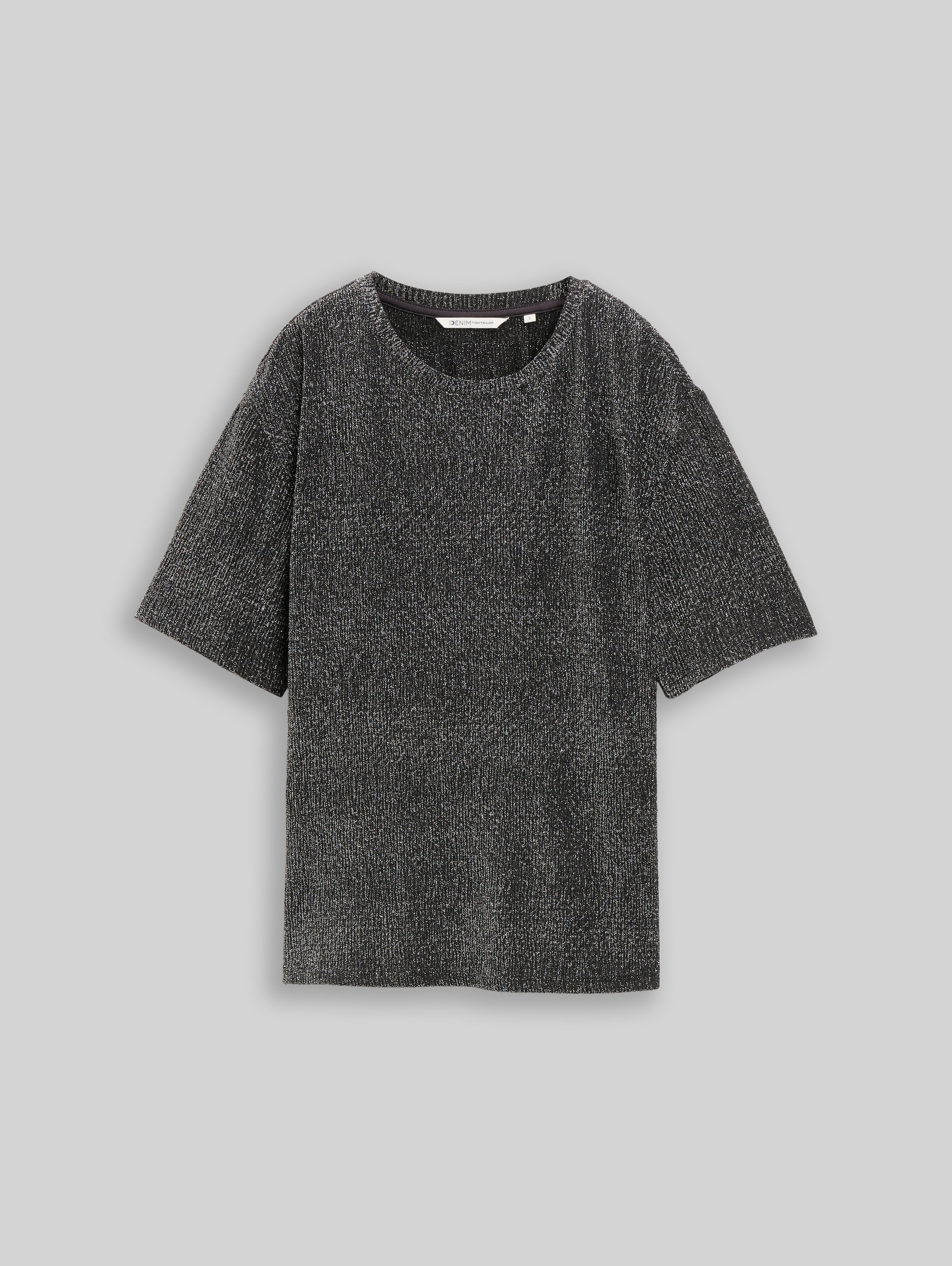 T-shirt coupe carrée à effet pailleté - black silver lurex structure - Vue de face du produit