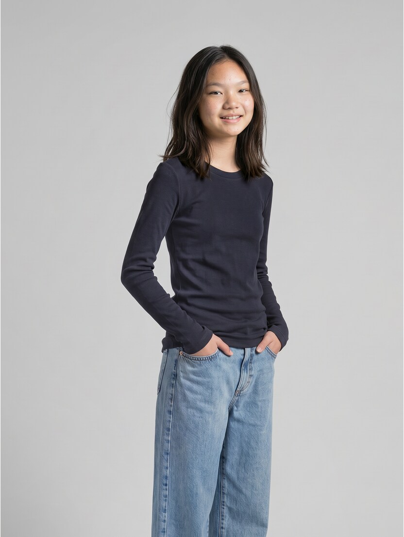 Geribbeld shirt met lange mouwen in een set van 2 door Teen Girls, Parisien Night Blue