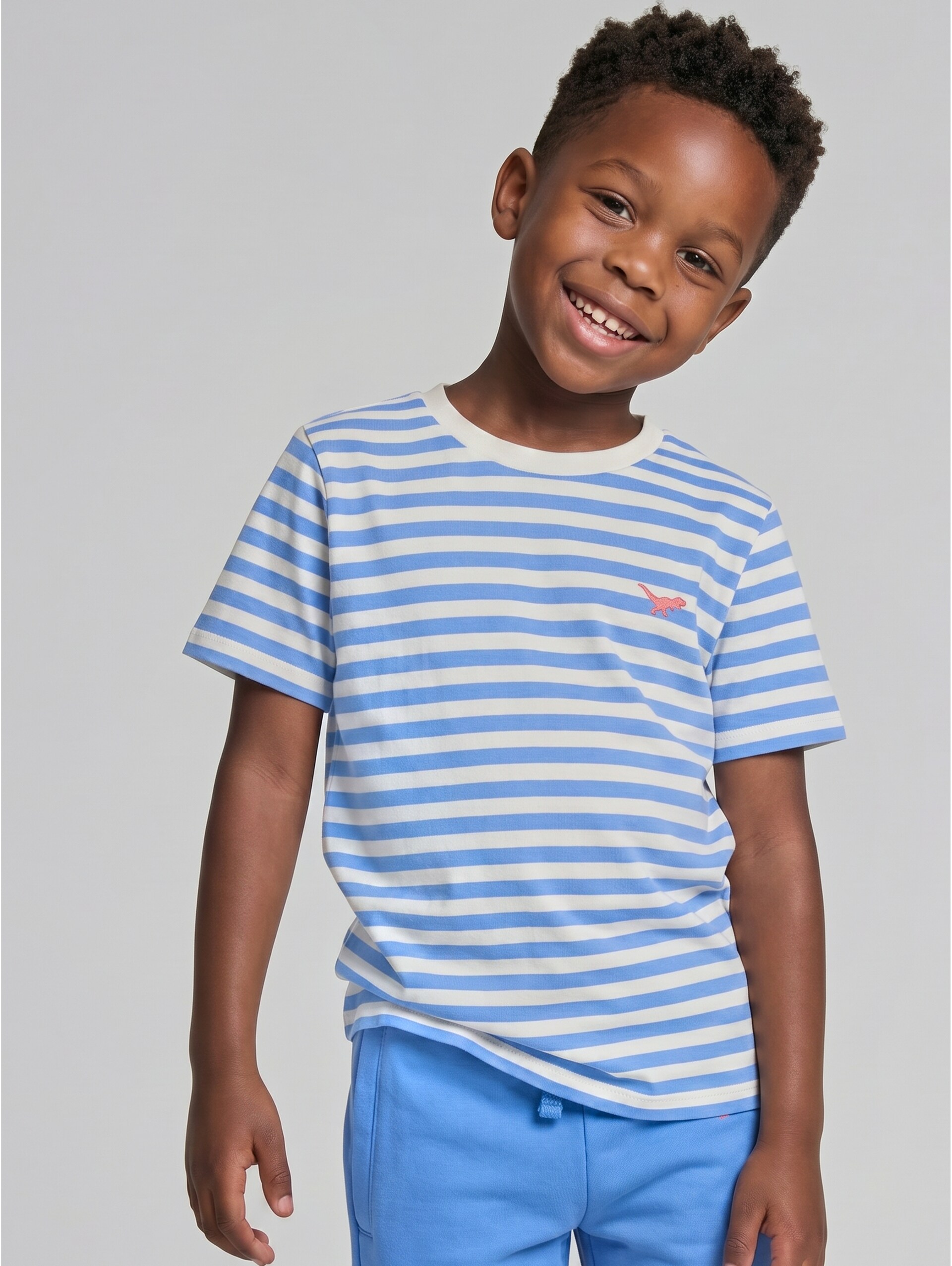 T-shirt met streepmotief - mid blue off white stripe - Nek model vooraanzicht