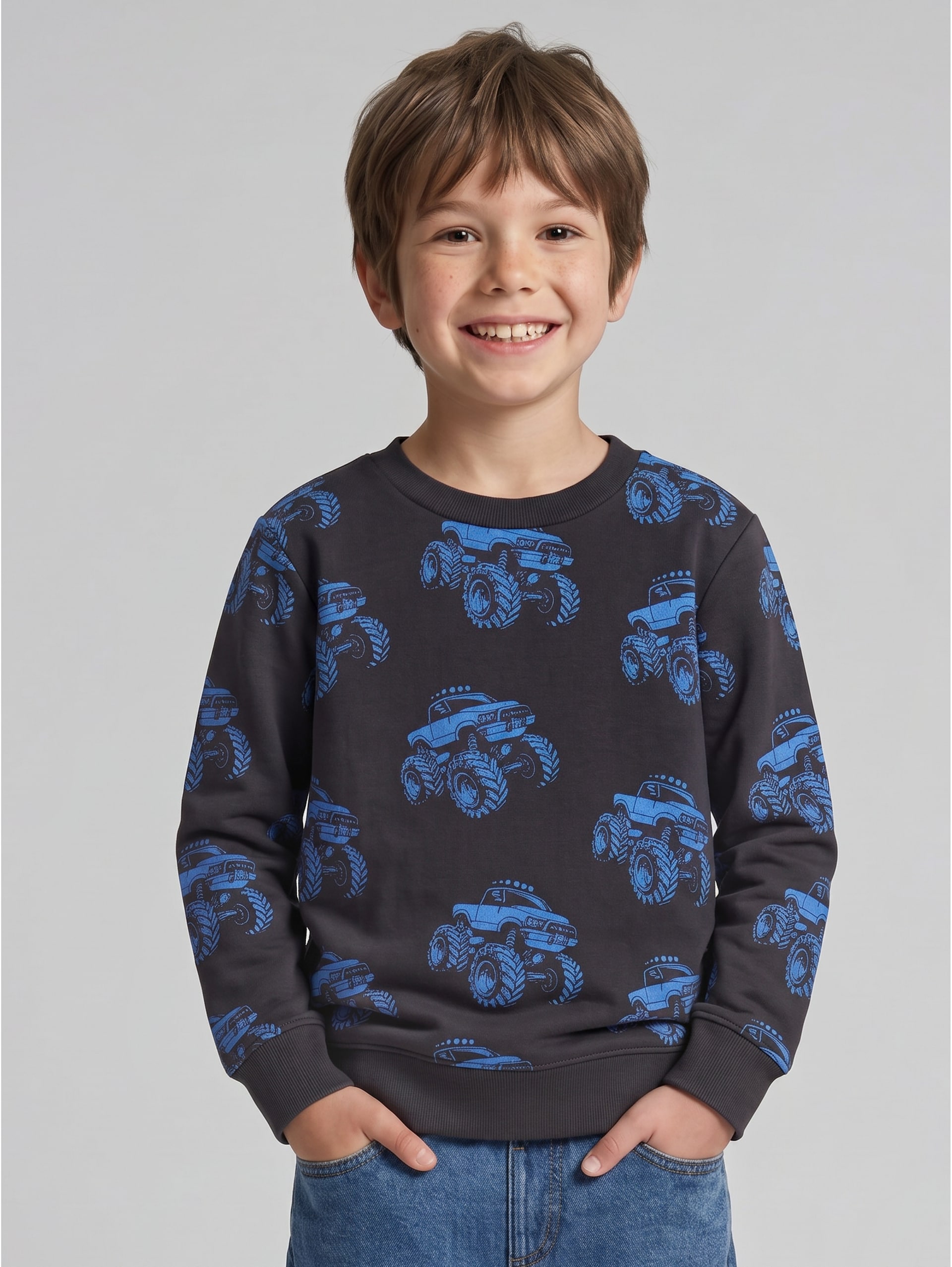 Sweatshirt with all-over print - grey blue monster truck design - Neckline model front view