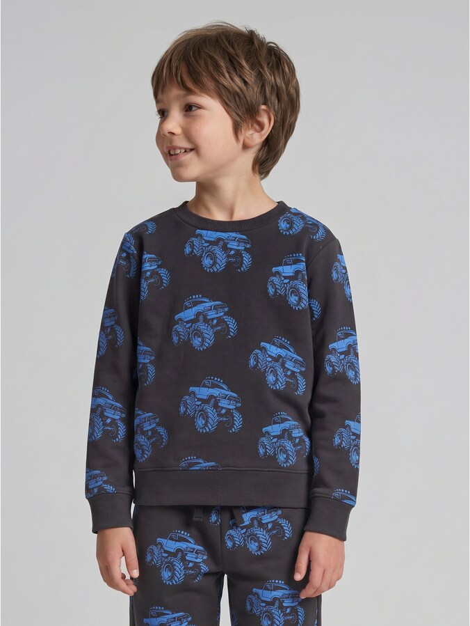 Sweatshirt mit Allover-Print von Mini Boys, grey blue monster truck design