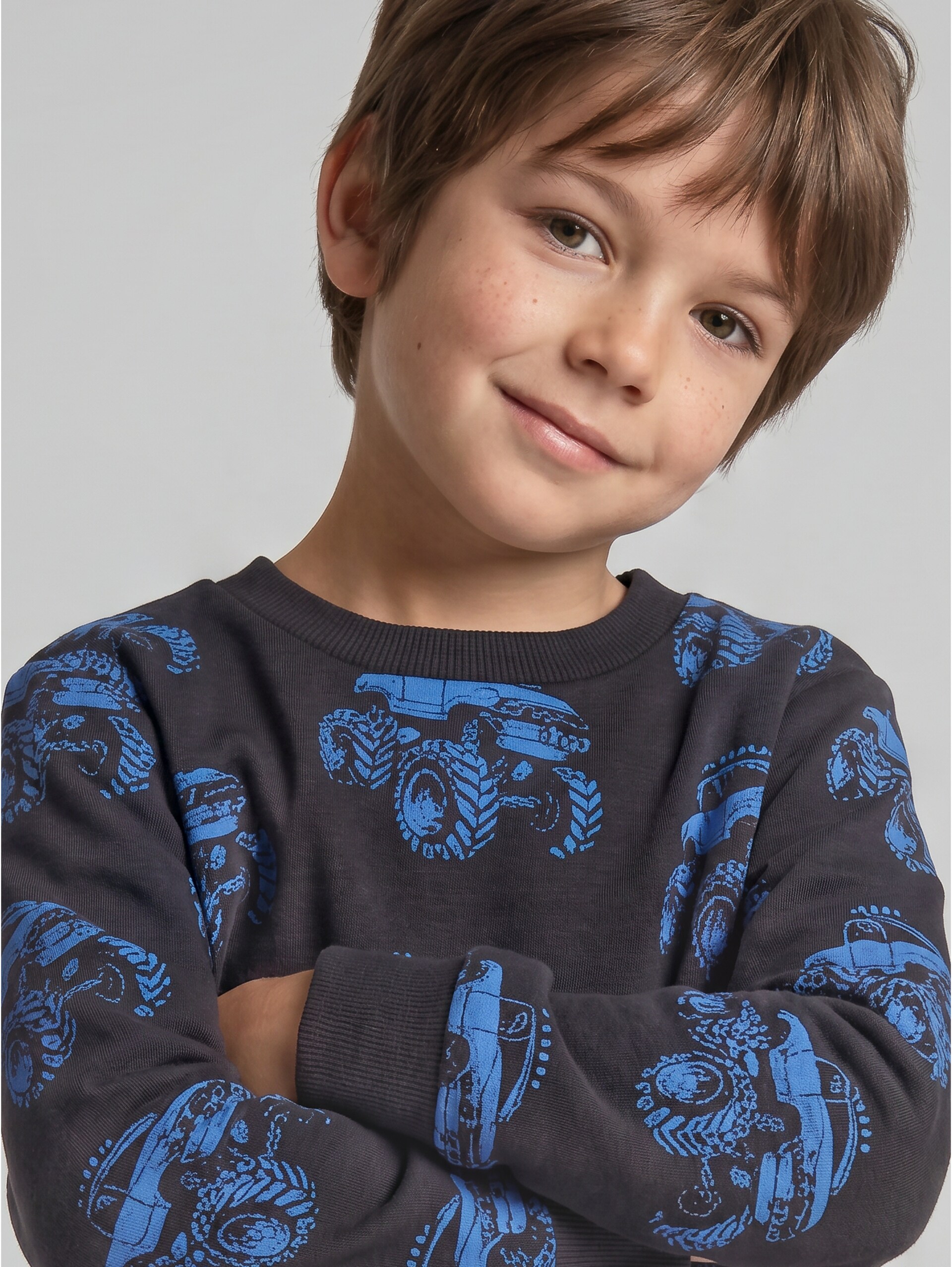Sweatshirt with all-over print - grey blue monster truck design