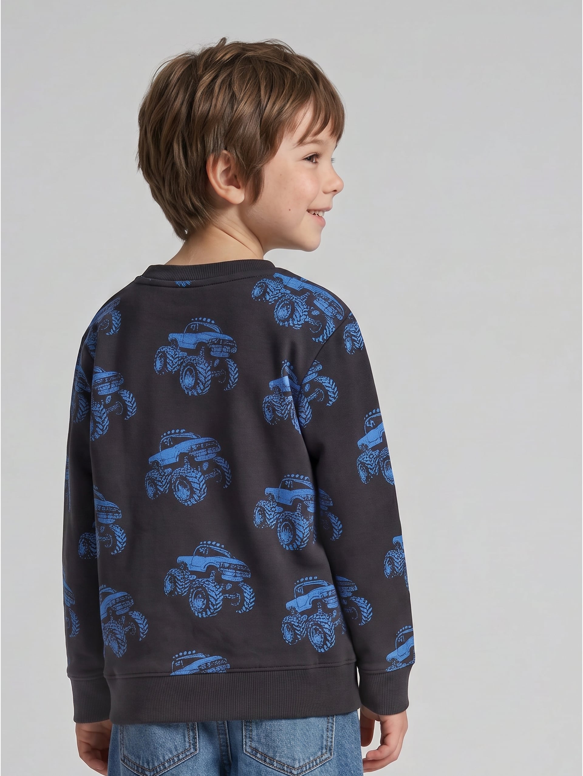 Sweatshirt with all-over print - grey blue monster truck design - Neckline model-back view