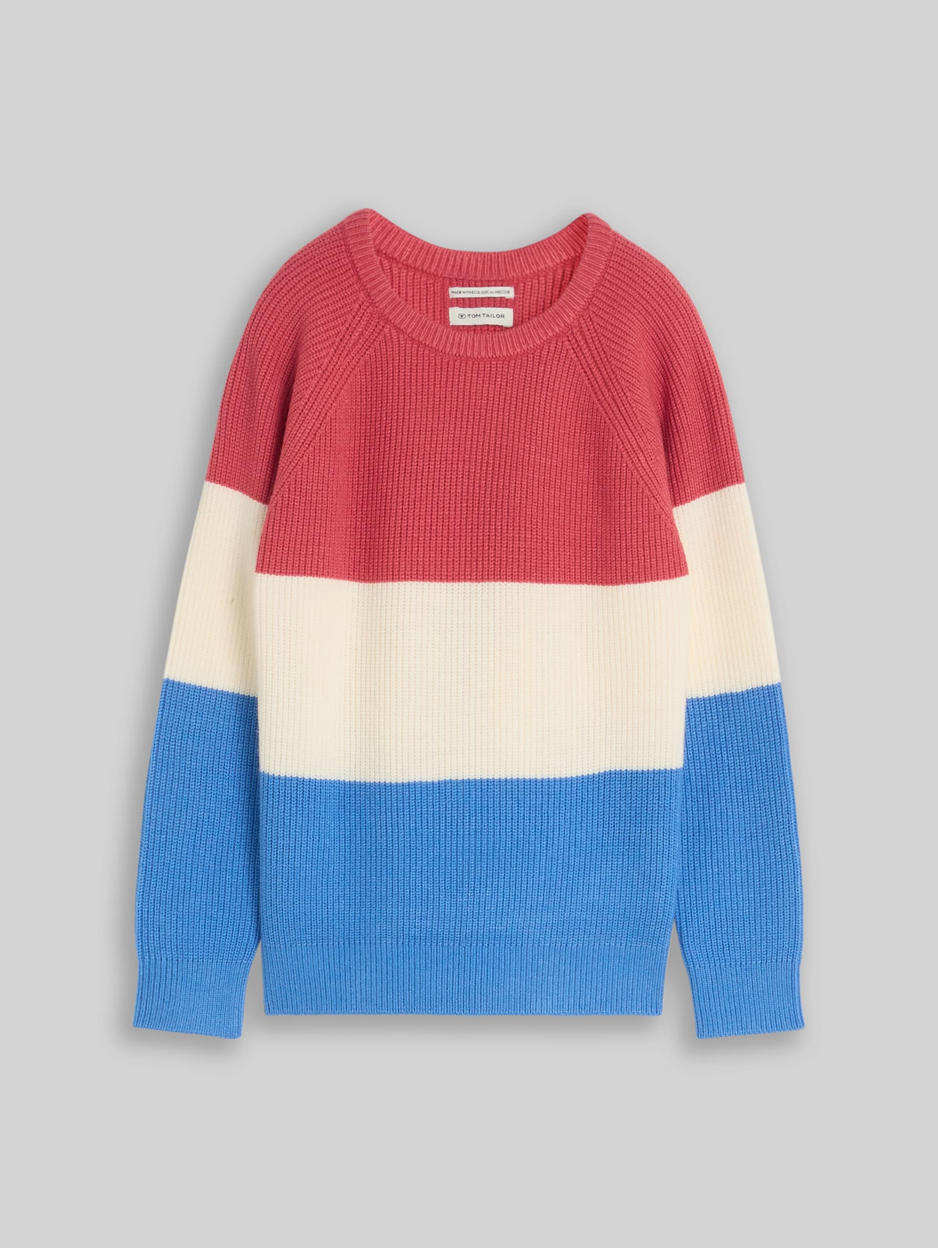 Gebreide trui met ronde hals - soft blue and red block stripe