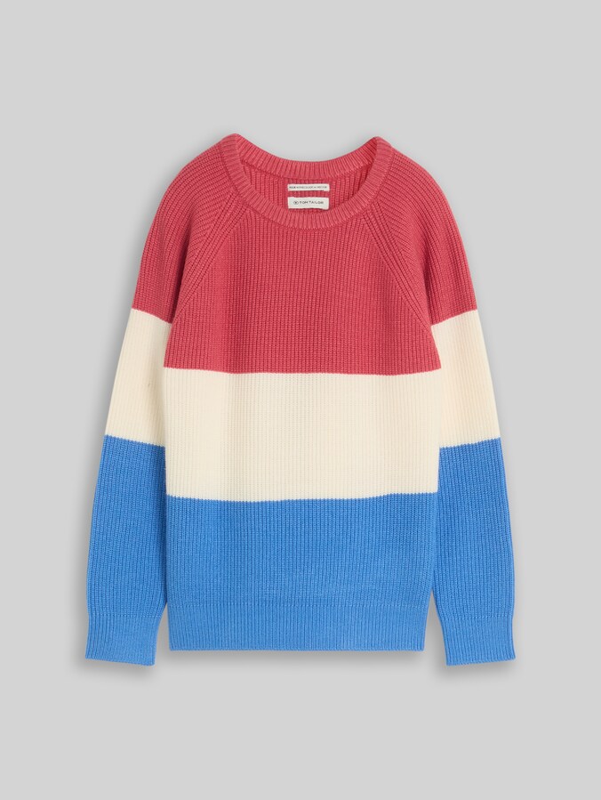 Gebreide trui met ronde hals door Mini Boys, soft blue and red block stripe