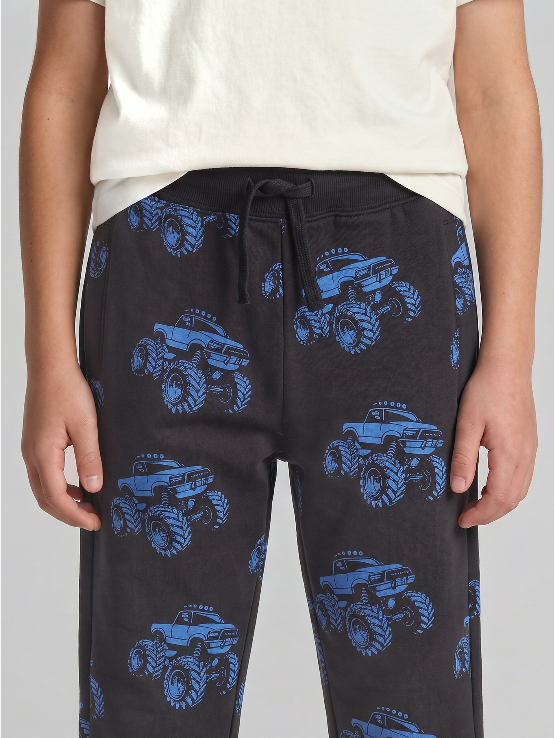 Basic patterned jogging bottoms - grey blue monster truck design