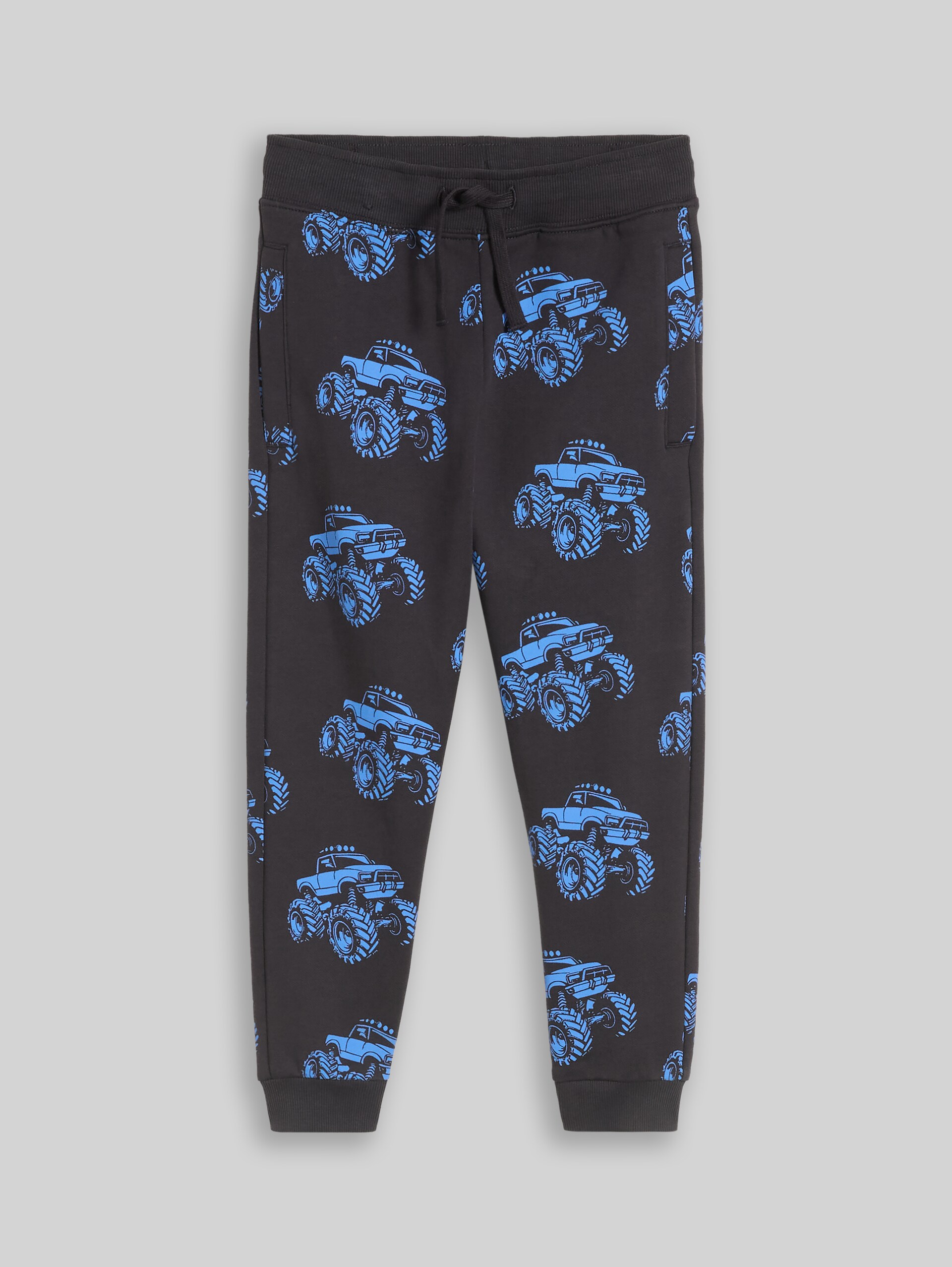 Basic patterned jogging bottoms - grey blue monster truck design