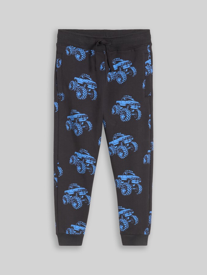 Basic joggingbroek met patroon door Mini Boys, grey blue monster truck design