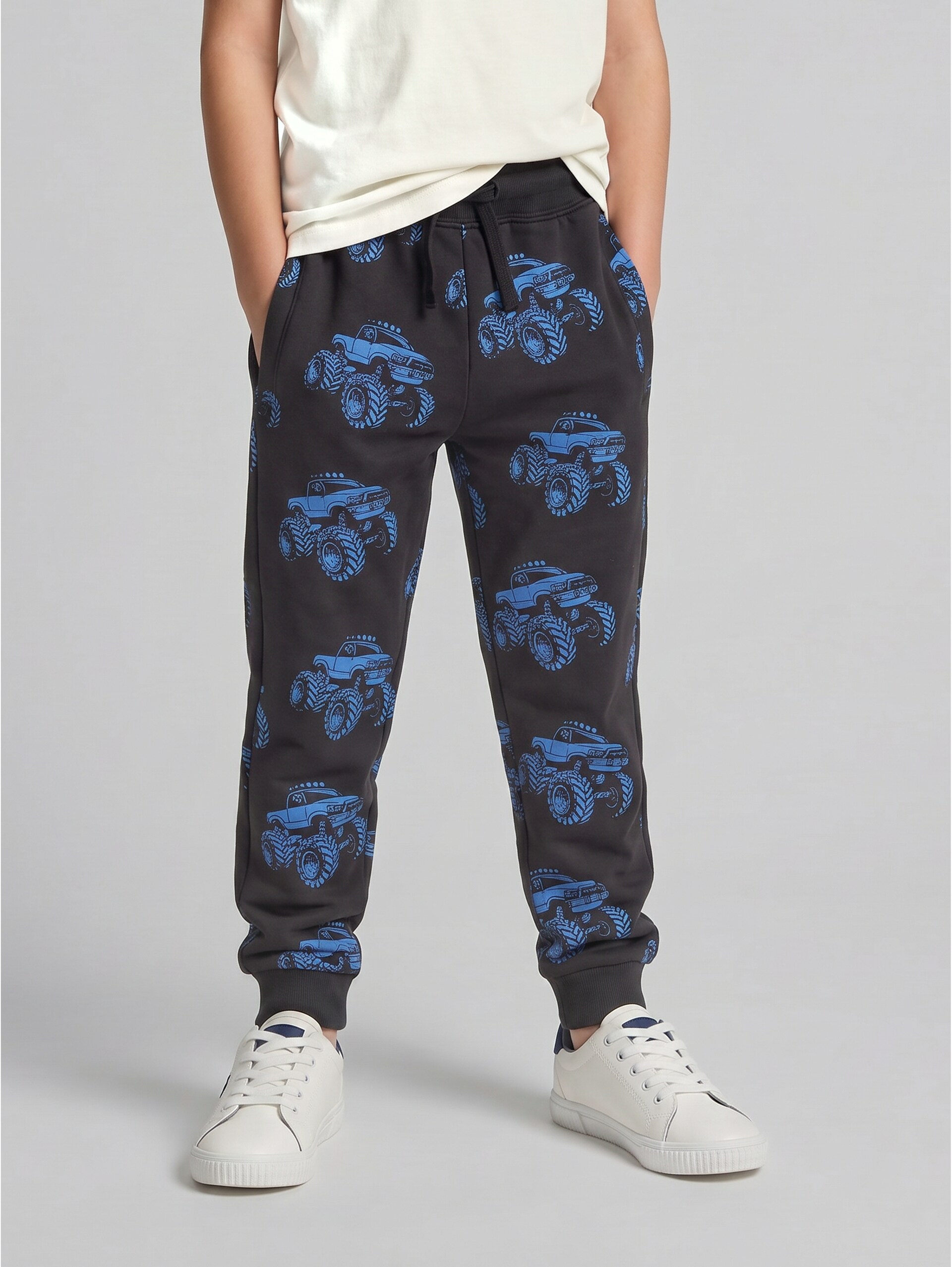 Basic patterned jogging bottoms - grey blue monster truck design