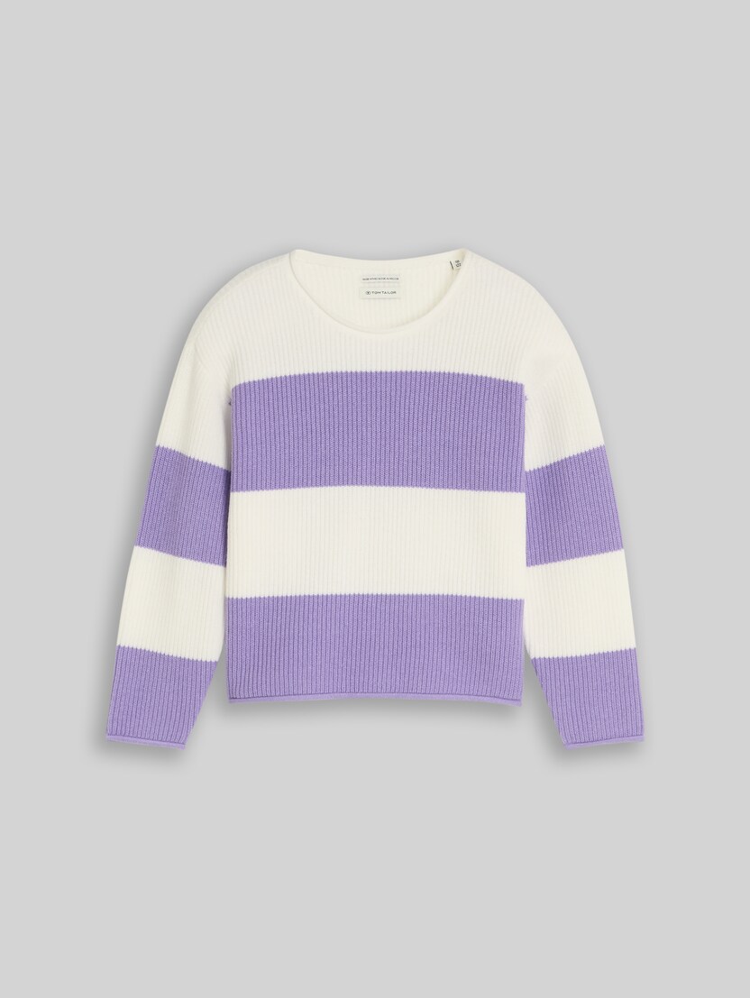 Cropped Strickpullover mit Streifenmuster von Mini Girls, purple white block stripe