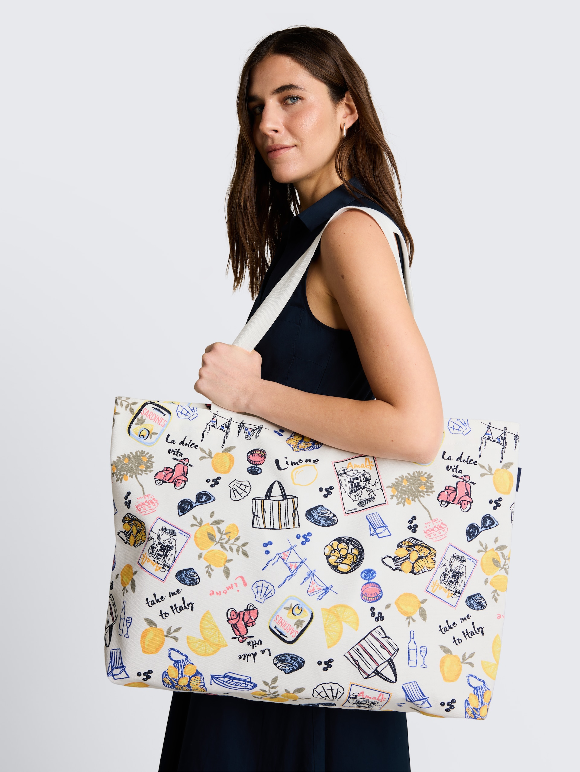 Strandtas van canvas - summerly lemon print - Nek model vooraanzicht