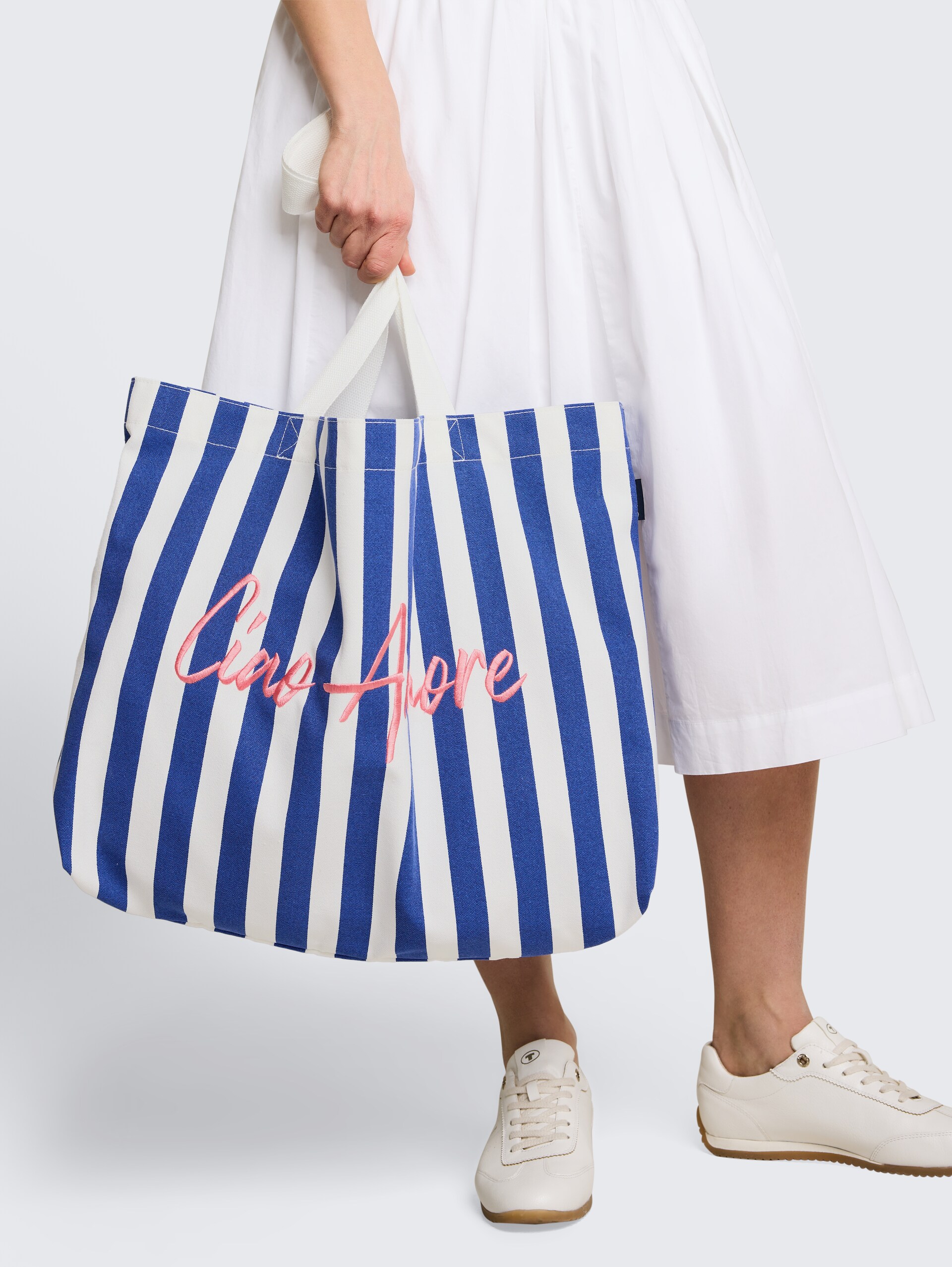 Strandtas van canvas - blue offwhite stripe - Nek model vooraanzicht