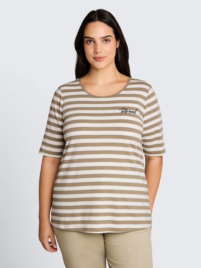 Plus Size - T-shirt with embroidery by Women Plus Size, olive white stripe