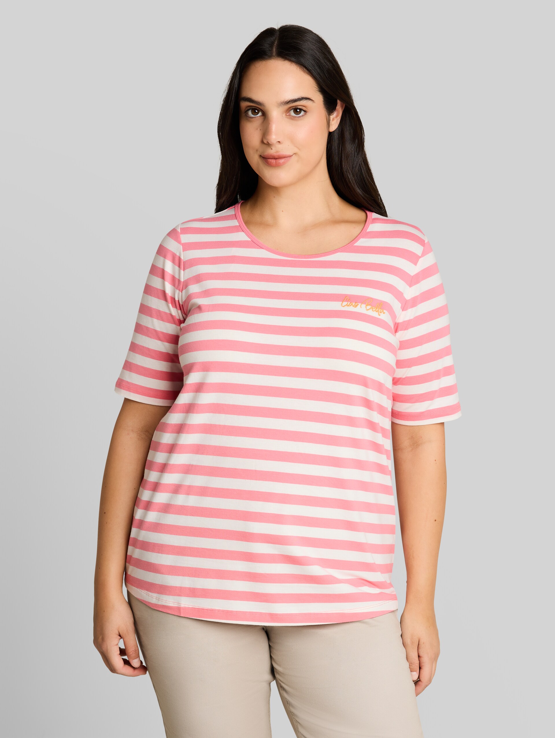Plus Size - T-shirt brodé - pink white stripe - Découpe Vue de face du modèle
