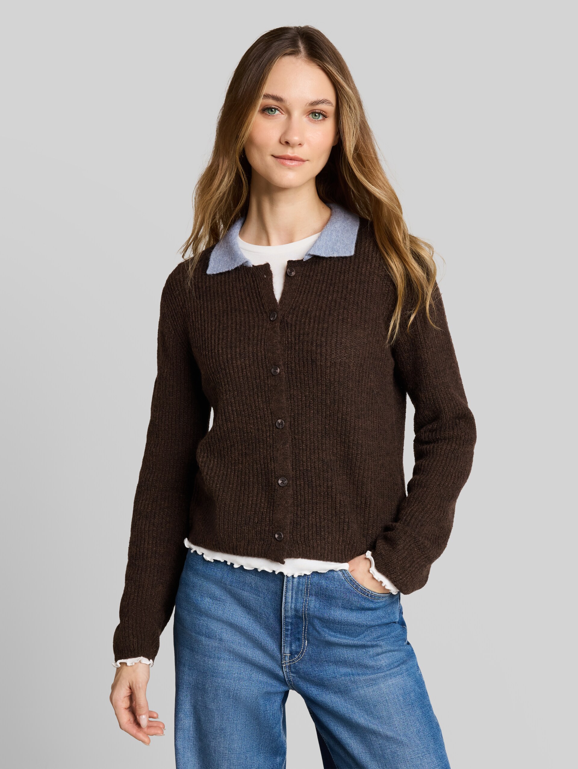 Cardigan à col polo - cool dark brown melange - Découpe Vue de face du modèle