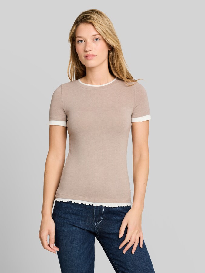 T-shirt in 2-in-1-look door Denim Female, atmosphere beige melange