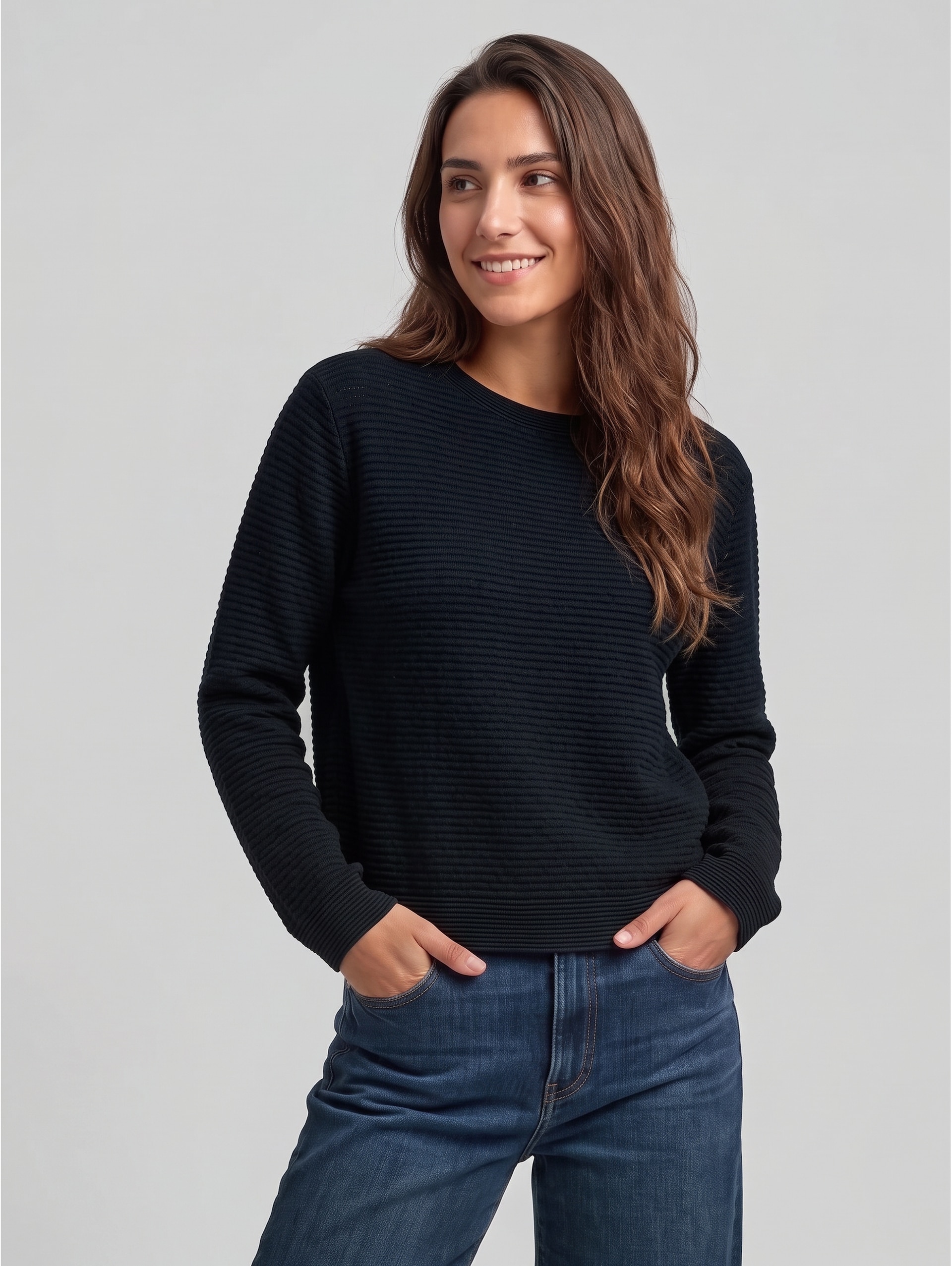 Textured knitted jumper - sky captain blue - Neckline model front view