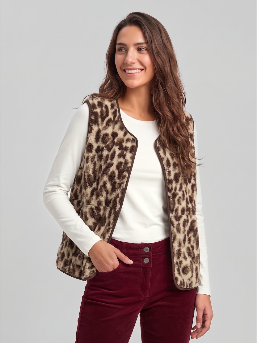 Boxy Fit Teddy Weste mit Taschen von Women, beige java brown leo print