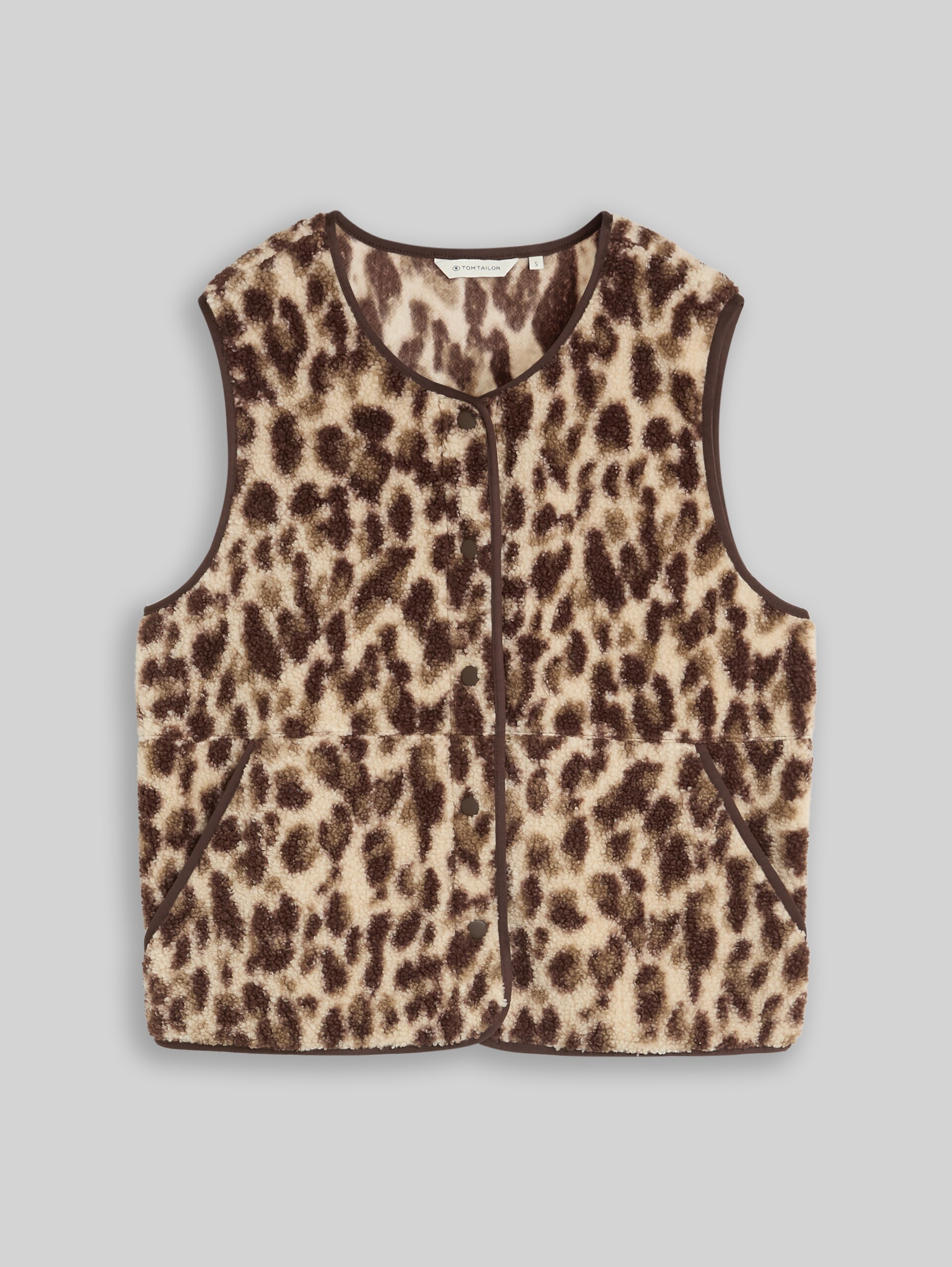 Boxy Fit Teddy Weste mit Taschen - beige java brown leo print - Vorder-Produkt-Ansicht