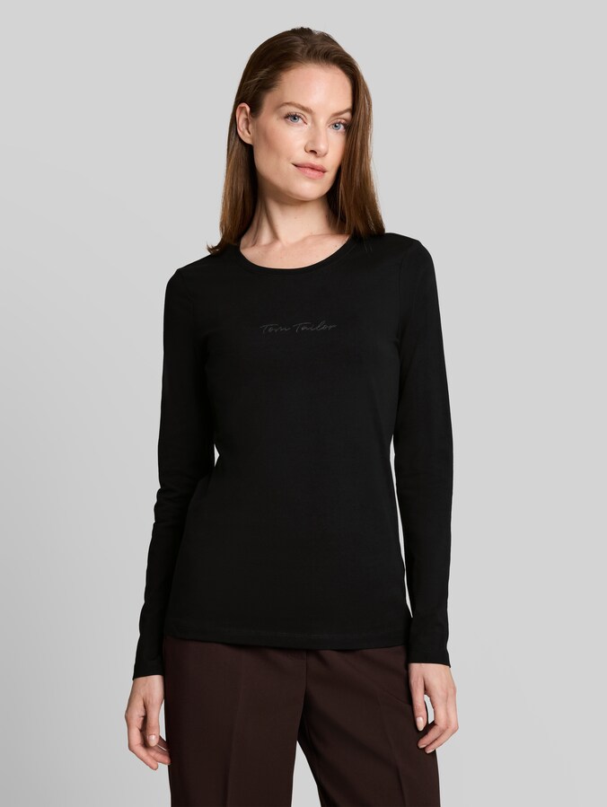 Slim fit T-shirt met lange mouwen en logoprint door Women, deep black