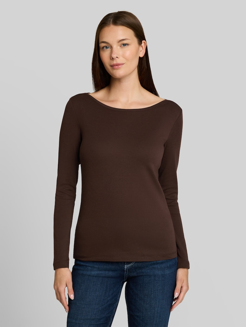 Slim fit shirt met lange mouwen en boothals door Women, java dark brown