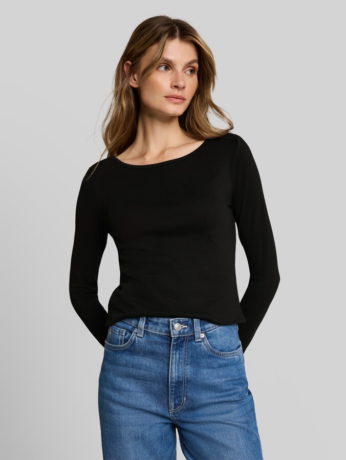 Slim fit shirt met lange mouwen en boothals door Women, deep black