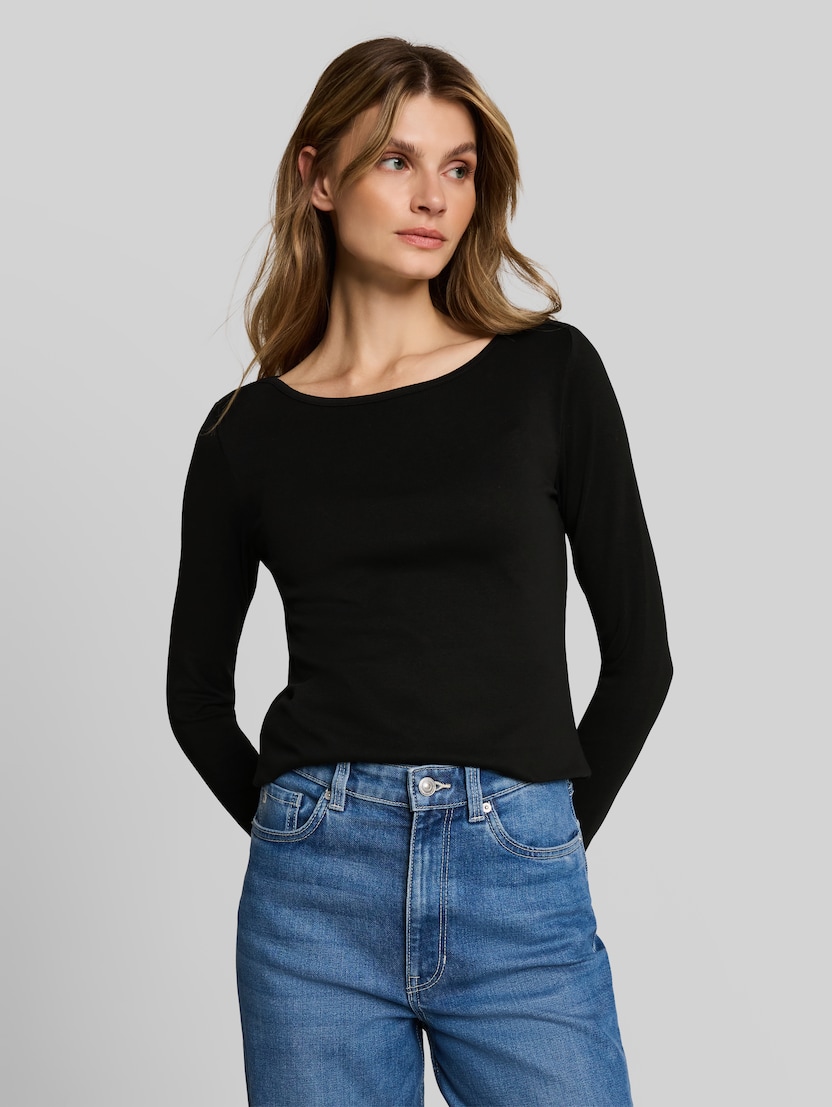 Slim fit shirt met lange mouwen en boothals door Women, deep black
