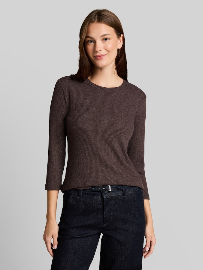 Oversized shirt met lange mouwen en geribde structuur door Women, java dark brown melange