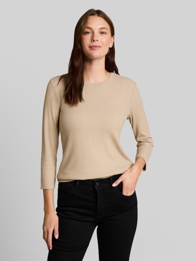 Oversized shirt met lange mouwen en geribde structuur door Women, gravel beige melange