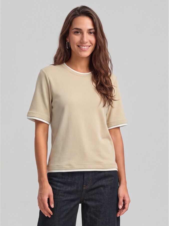 T-shirt met boxy pasvorm in 2-in-1-look door Women, gravel beige melange