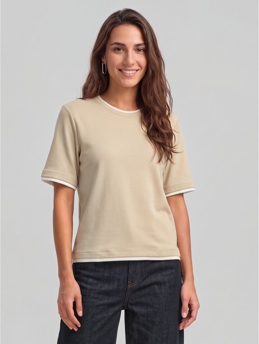 Boxy Fit T-Shirt in 2-in-1 Optik von Women, gravel beige melange