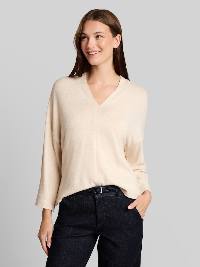 Gezellig shirt met lange mouwen en V-hals door Women, whisper offwhite melange