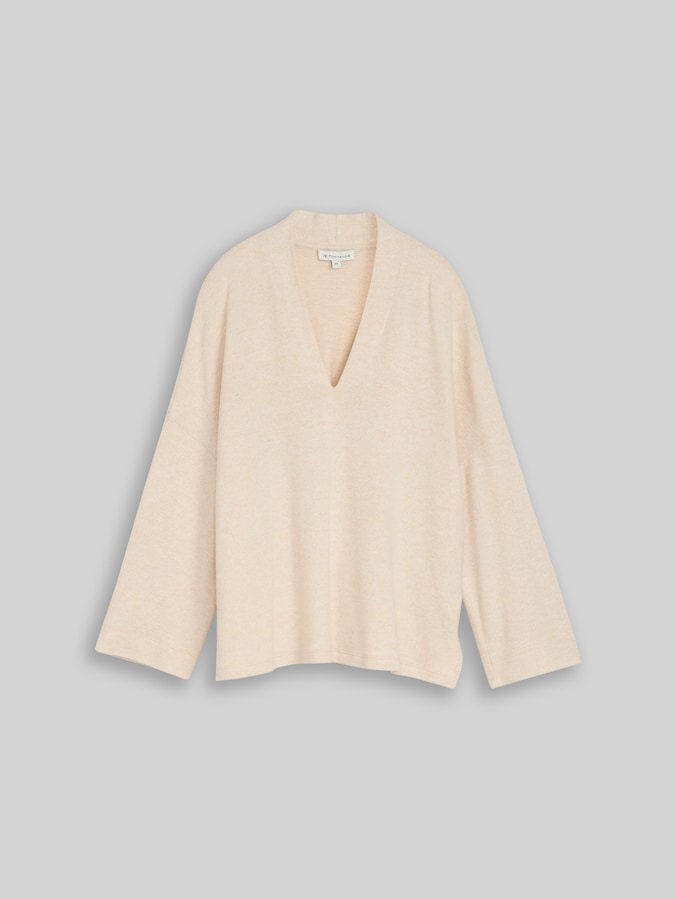 T-shirt confortable à manches longues et col en V par Women, whisper offwhite melange