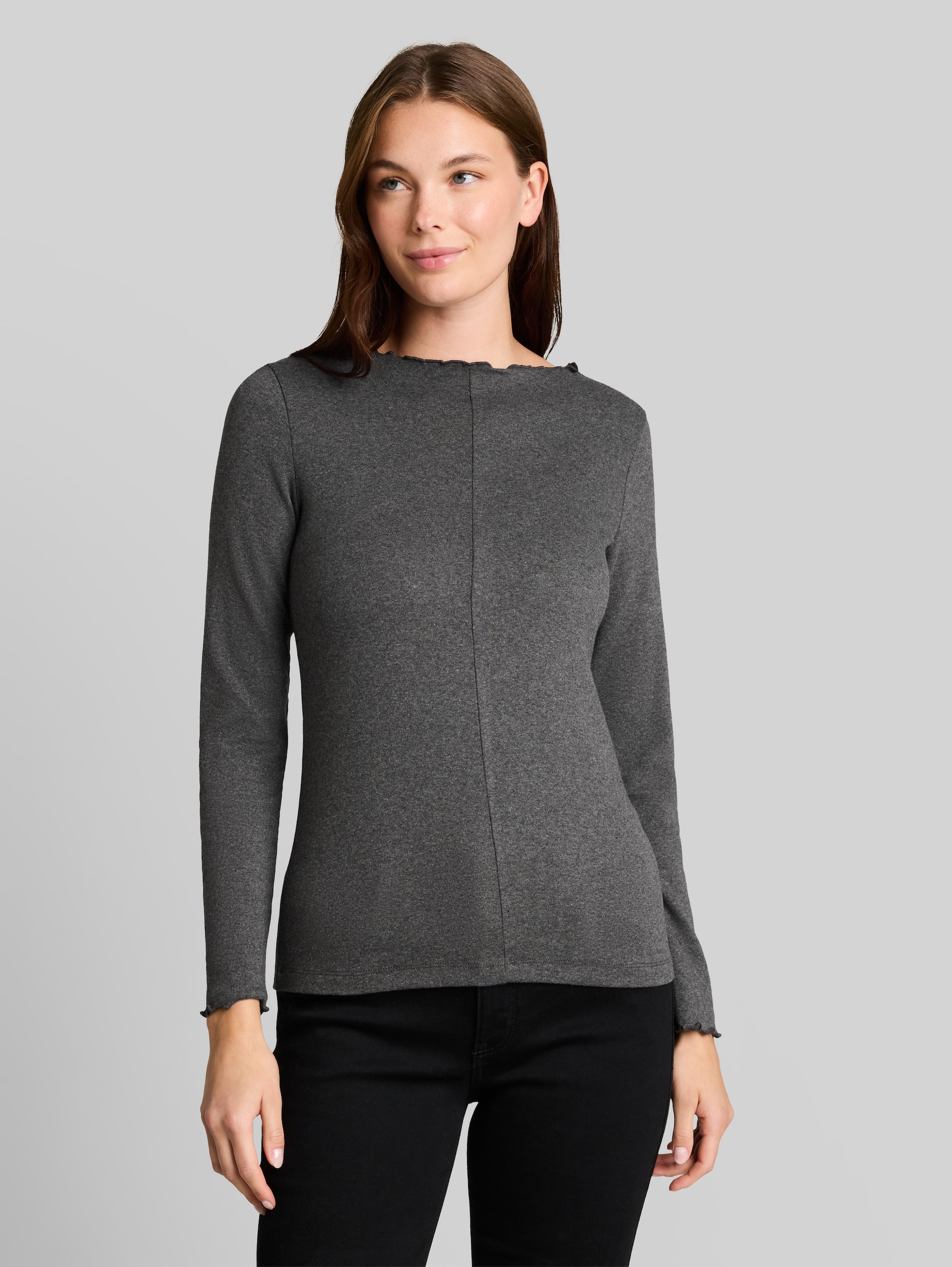 T-shirt à manches longues avec col ondulé - dark silver grey melange - Découpe Vue de face du modèle