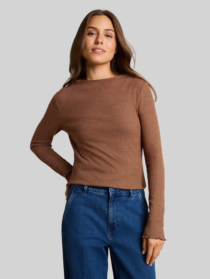 Long-sleeved shirt with ribbed texture by Women, mid camel melange