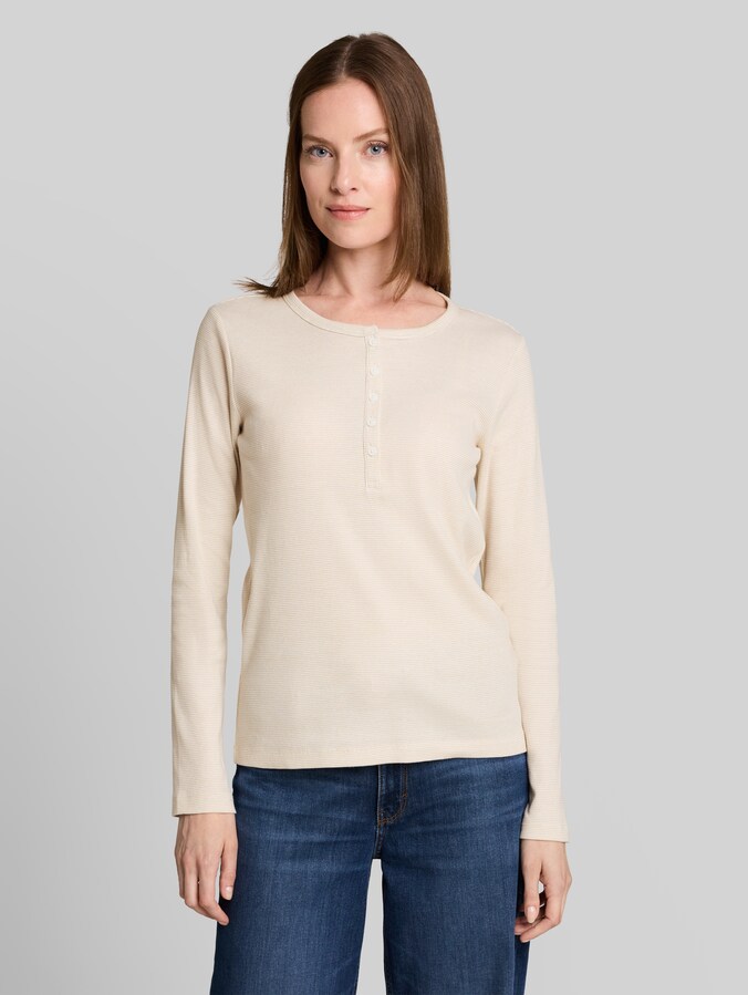Henley Langarmshirt mit Rippstruktur von Women, white gravel beige stripe
