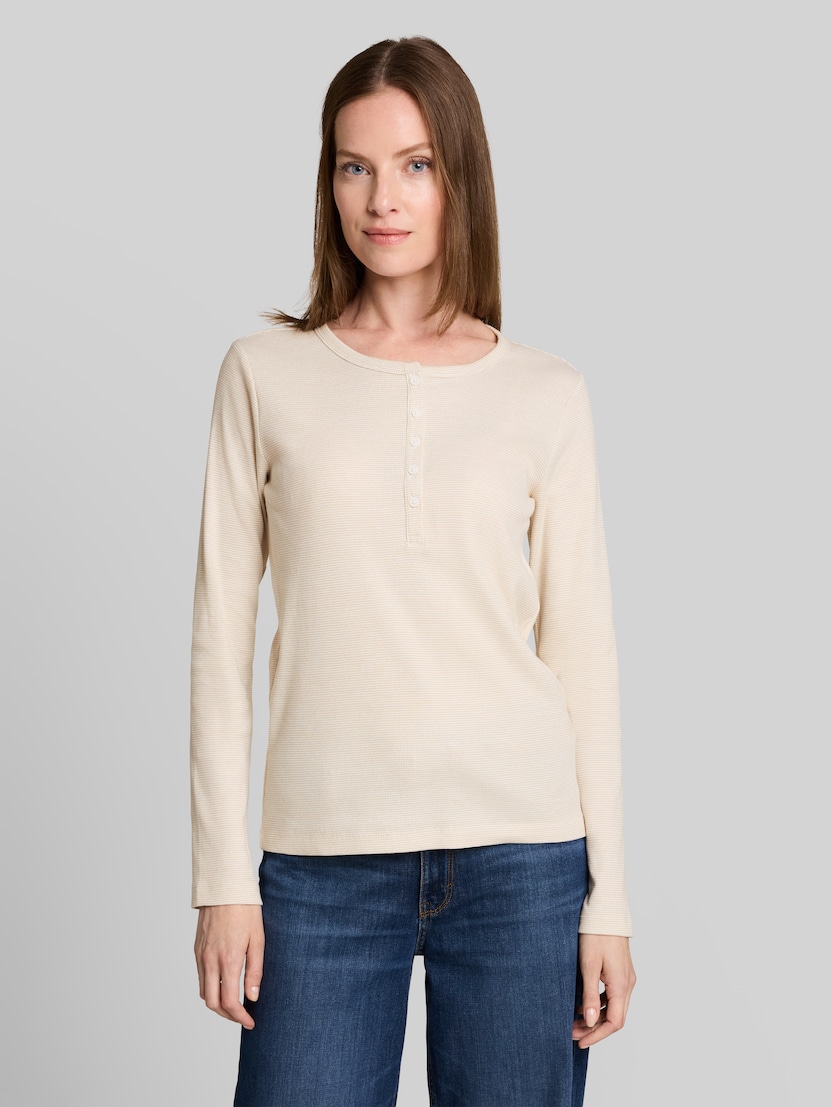 Henley-shirt met lange mouwen en geribde structuur door Women, white gravel beige stripe