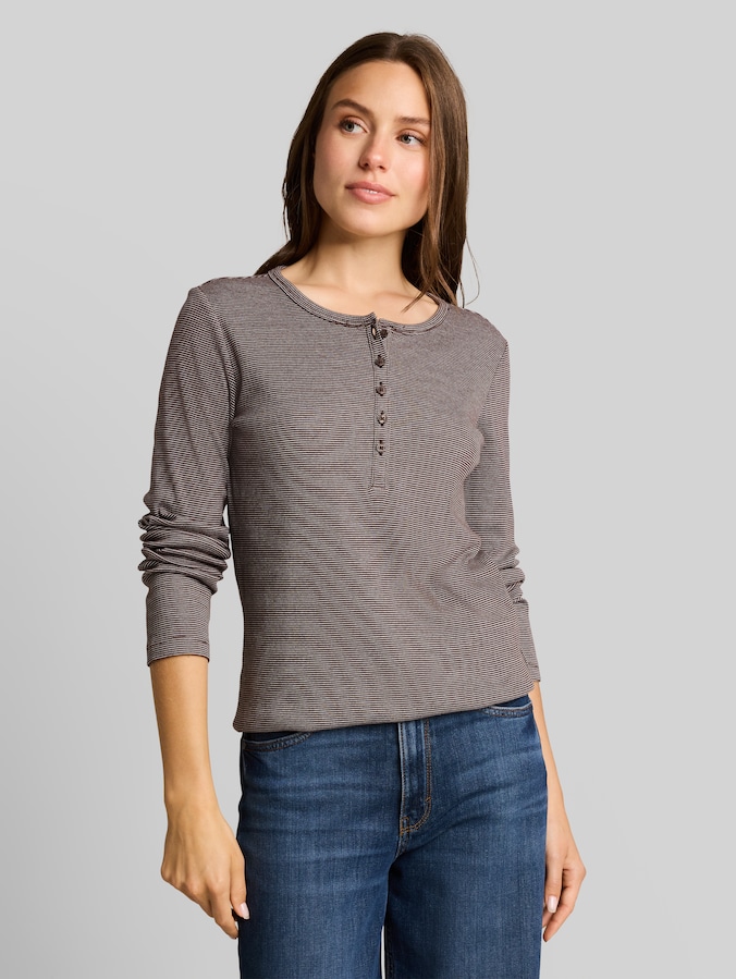 Henley Langarmshirt mit Rippstruktur von Women, java brown offwhite stripe