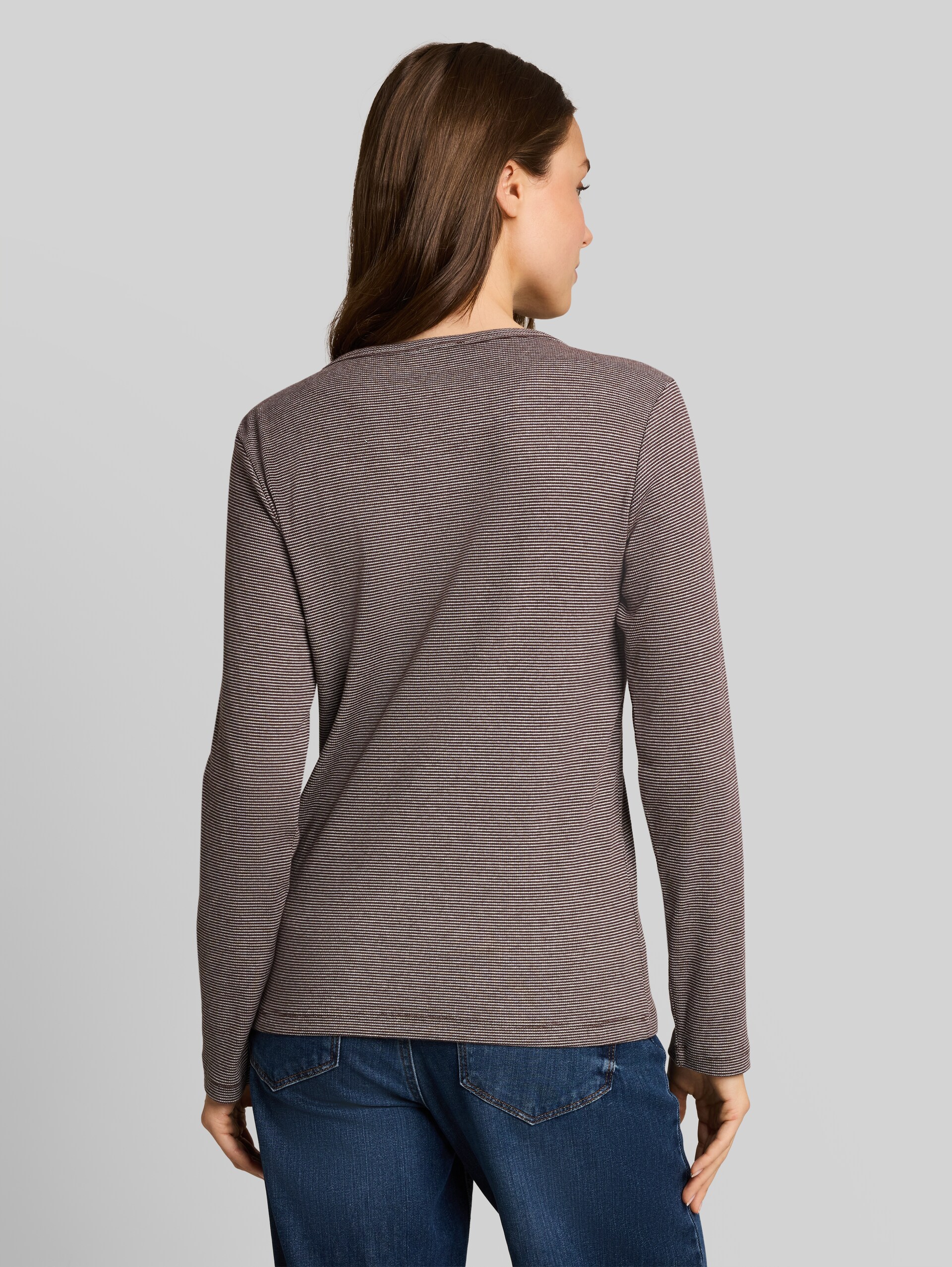 Henley-shirt met lange mouwen en geribde structuur - java brown offwhite stripe - Neklijn model-achteraanzicht