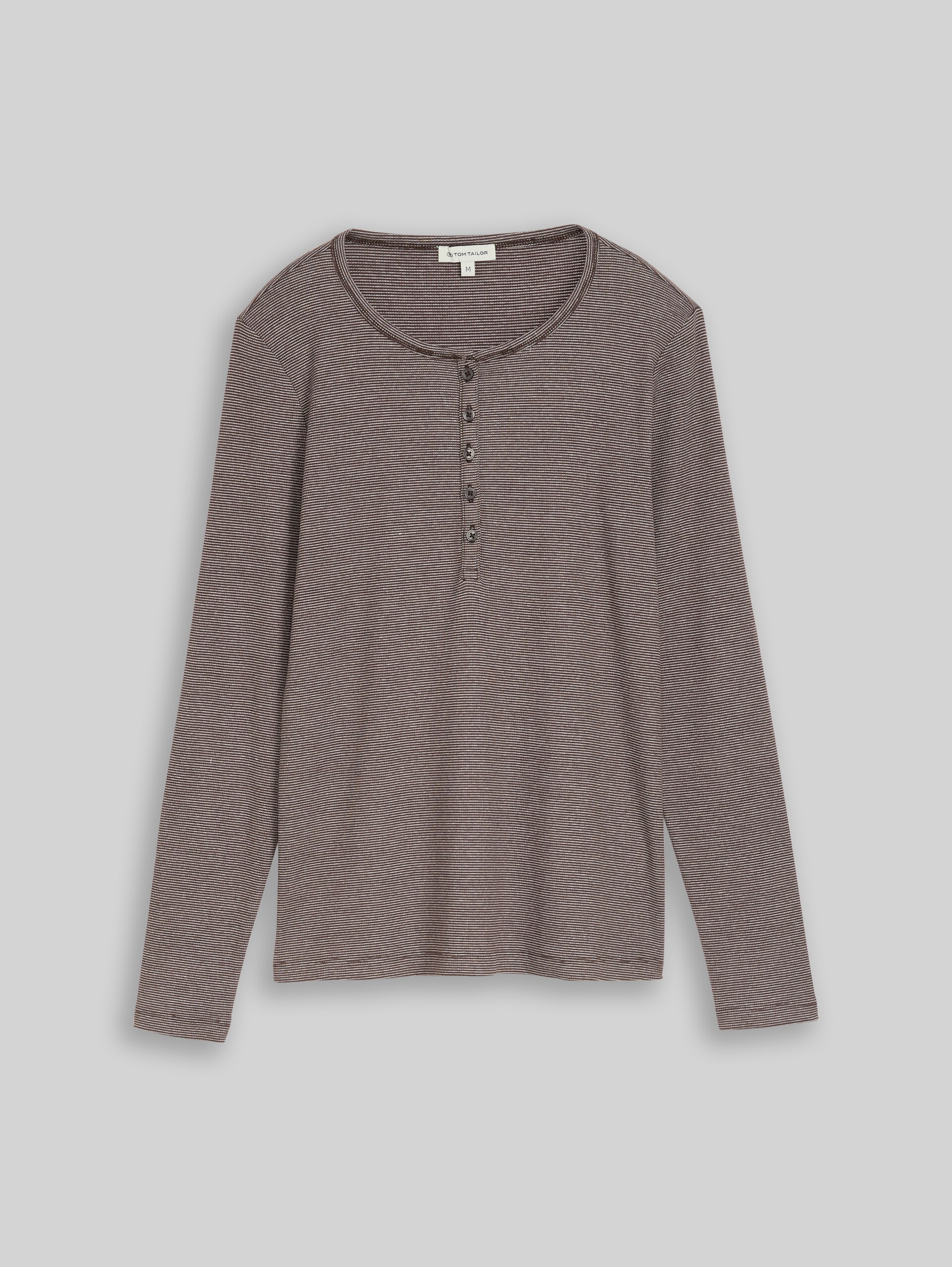 Henley-shirt met lange mouwen en geribde structuur - java brown offwhite stripe - Product vooraanzicht
