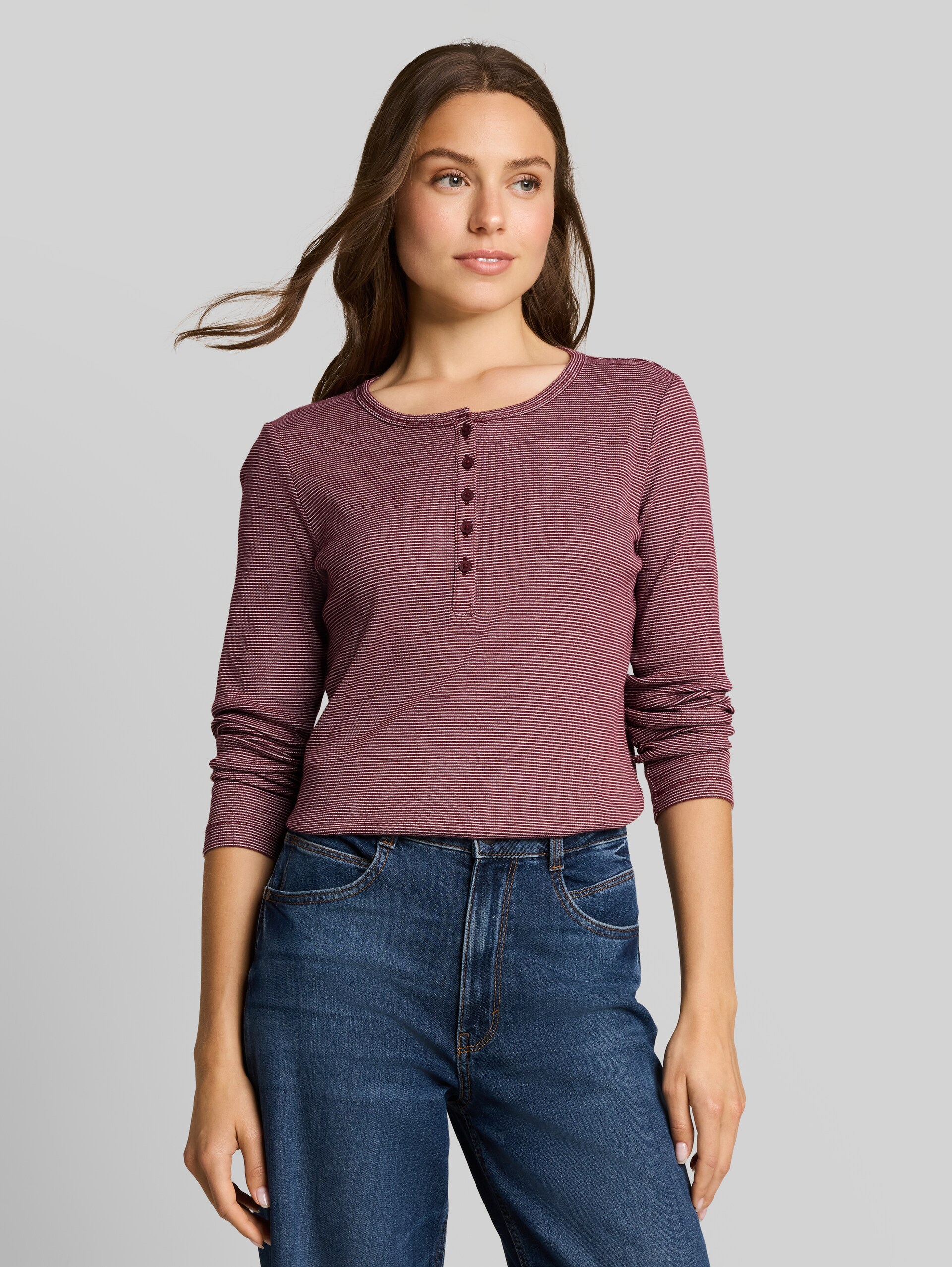 Henley-shirt met lange mouwen en geribde structuur - light pink preppy plum stripe - Nek model vooraanzicht
