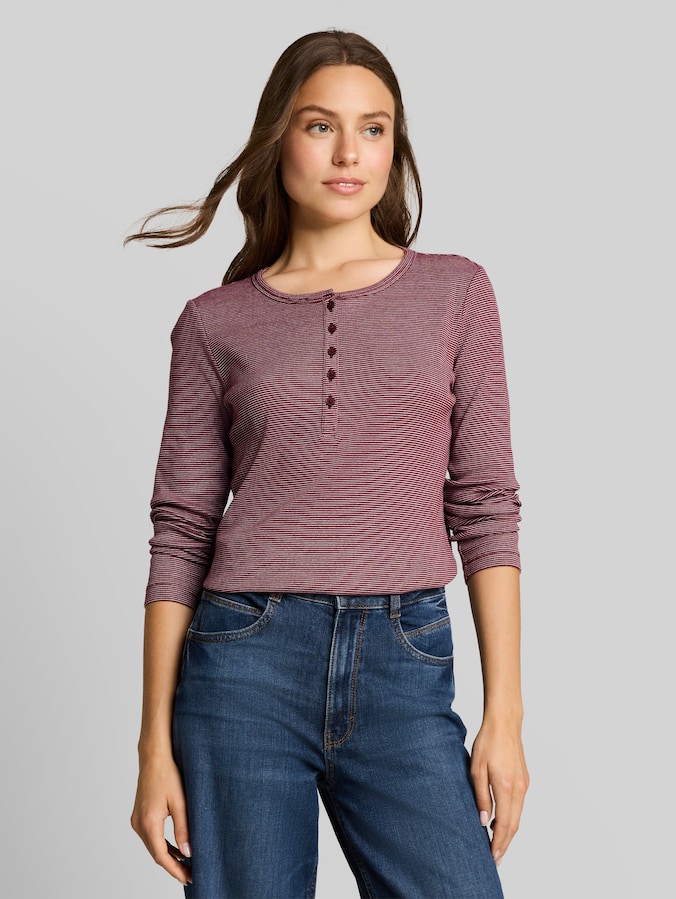 Henley-shirt met lange mouwen en geribde structuur door Women, light pink preppy plum stripe