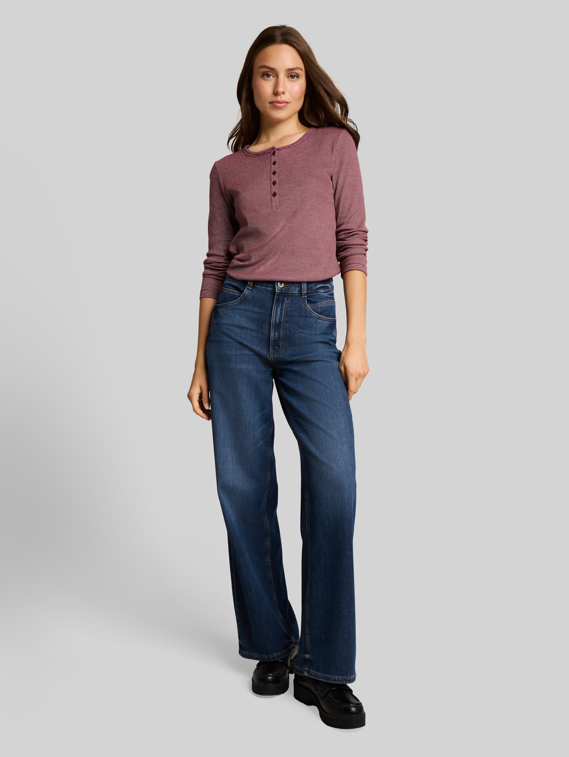 Henley-shirt met lange mouwen en geribde structuur - light pink preppy plum stripe - Model vooraanzicht